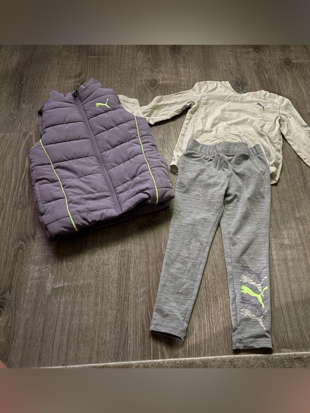 Puma. 3 piece set. Purple Puffer Vest w/ long sleeve Top & Leggings. Girls 4t.